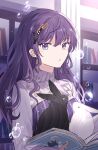  1girl asahina_mafuyu bangs book bookshelf crescent hair_down hair_ornament hairpin high_collar highres holding holding_book kaesmedubu long_hair long_sleeves looking_at_viewer open_book open_mouth project_sekai purple_eyes purple_hair rabbit rabbit_hair_ornament solo star_(symbol) 