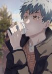  1boy bangs black_jacket blue_hair blurry blurry_background brown_eyes brown_sweater_vest cloud cup disposable_cup dress_shirt drinking fate/grand_order fate_(series) highres holding holding_cup jacket light_particles looking_at_object male_focus official_alternate_costume parted_lips saitou_hajime_(dream_portrait)_(fate) saitou_hajime_(fate) shirt short_hair solo sweater_vest teria_(teriarian) tree upper_body white_shirt 
