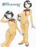 1girl black_gloves black_hair blue_eyes blunt_bangs blush blush_stickers bob_cut bodysuit breasts bright_pupils clenched_hand closed_mouth commentary_request copyright_name covered_navel cowboy_shot earth_federation_space_forces eitopondo expressionless gloves gundam gundam_gquuuuuux helmet highres holding holding_unworn_helmet looking_at_viewer mecha_pilot_suit multicolored_gloves no_sclera normal_suit_(gundam) notice_lines romaji_text shiiko_sugai short_hair simple_background skin_tight small_breasts solo standing two-sided_gloves two-tone_gloves unworn_headwear unworn_helmet white_background white_gloves white_pupils yellow_bodysuit 