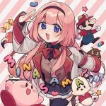  1girl armband bangs bird black_hairband black_skirt bow bowtie brown_vest candy commentary_request cowboy_shot flamingo food goomba hairband highres jacket jelly_bean kirby kirby_(series) long_hair long_sleeves low_twintails mario mario_(series) nijisanji nori_katsuo open_mouth outline pill pink_background pink_hair pleated_skirt pochacco purple_eyes red_bow red_bowtie romaji_text salute sanrio school_uniform simple_background skirt sleeves_past_fingers sleeves_past_wrists smile striped striped_background suo_sango thighhighs twintails vest virtual_youtuber white_jacket 