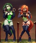  2girls bdsm black_hair bondage boots bound breasts colored_skin green_eyes green_skin horse_girl kim_possible kimberly_ann_possible multiple_girls orange_hair pony_play ponytail sane-person shego thigh_boots 