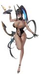  1girl absurdres alcohol alternate_costume black_gloves black_hair black_leotard black_nails blue_hair breasts champagne colored_inner_hair commentary_request cup dark-skinned_female dark_skin full_body glass gloves goddess_of_victory:_nikke hair_between_eyes high_heels highres holding holding_tray indivilia_(nikke) korean_commentary large_breasts leotard long_hair looking_at_viewer mechanical_tail multicolored_hair nankam76 pink_eyes ponytail red_hair simple_background solo standing standing_on_one_leg tail tray very_long_hair white_background 