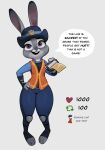  anthro clothed clothing dialogue disney english_text female fur grey_body grey_fur hat headgear headwear hi_res judy_hopps lagomorph leporid mammal multicolored_body multicolored_fur open_mouth open_smile police_uniform purple_eyes qupostuv35 rabbit simple_background smile solo strip_game talking_to_viewer text topwear two_tone_body two_tone_fur uniform vest white_body white_fur zootopia 