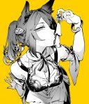  animal_ears ben-day_dots bracelet breasts cleavage commentary dated_commentary greyscale_with_colored_background hair_ornament hair_over_one_eye halftone highres jewelry medium_breasts otimusyairoha ponytail screentones simple_background yellow_background 