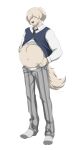 5_fingers absurd_res anthro beastars belly belly_grab black_necktie blue_clothing blue_topwear blue_vest bottomwear canid canine canis clothing collot_(beastars) domestic_dog exposed_belly fingers floppy_ears fluffy fluffy_tail footwear fur grey_bottomwear grey_clothing grey_pants hair hair_over_eyes hand_on_stomach hands_on_belly herding_dog hi_res holding_stomach male mammal midriff necktie pants pastoral_dog pattern_bottomwear pattern_clothing pattern_pants school_uniform shaggy_hair sheepdog shirt simple_background socks solo standing striped_bottomwear striped_clothing striped_pants stripes tail tommysamash topwear unbuttoned_pants uniform vest white_background white_body white_clothing white_fur white_hair white_shirt white_tail white_topwear 
