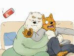  2023 4:3 anthro bear belly black_nose blush bottomwear canid canine canis clothing domestic_dog duo embrace eyes_closed furniture hi_res hug kemono male mammal overweight overweight_male pants pommn_mn shirt sitting sofa topwear 