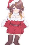  1girl absurdres alternate_costume anya_melfissa aobara_hairi belt black_thighhighs blonde_streaks brown_belt brown_hair closed_mouth dress fur-trimmed_dress fur-trimmed_headwear fur_trim hat highres hololive hololive_indonesia looking_at_viewer multicolored_hair purple_eyes red_dress red_hat santa_hat sleeves_past_fingers sleeves_past_wrists solo streaked_hair thighhighs virtual_youtuber white_background 