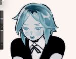  1other androgynous aqua_eyes aqua_hair aqua_lips art_program_in_frame black_ribbon black_shirt closed_mouth collared_shirt colored_eyelashes colored_skin commentary crystal_hair diinnple english_commentary eyelashes gem_uniform_(houseki_no_kuni) highres houseki_no_kuni looking_down neck_ribbon no_sclera other_focus parted_bangs phosphophyllite portrait procreate_(medium) ribbon sad shirt short_hair short_sleeves simple_background sketch thick_lips v-shaped_eyebrows v_arms white_background white_shirt white_skin 