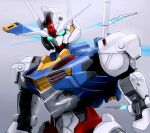  aron_e bit_(gundam) commentary exhaust flying funnels_(gundam) glowing glowing_eyes gradient_background green_eyes grey_background gundam gundam_aerial gundam_suisei_no_majo highres looking_at_viewer mecha no_humans robot solo upper_body v-fin weapon 