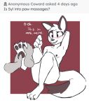 2023 3_toes 4_fingers anthro ask_blog blush canid canine canis dialogue disembodied_hand duo enginetrap english_text feet fingers foot_fetish foot_rub fur head_tuft hi_res jackal mammal nude solo_focus syl_(enginetrap) text toes tuft 