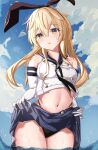  1girl absurdres black_hairband black_panties blonde_hair blue_skirt blue_sky clothes_lift cloud commission day elbow_gloves gloves hair_between_eyes hairband highres kantai_collection lifted_by_self long_hair looking_at_viewer navel outdoors panties partially_submerged pixiv_commission shimakaze_(kancolle) skirt skirt_lift sky solo thighs underwear vayneeeee wet white_gloves yellow_eyes 