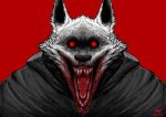  anthro black_cloak black_clothing black_nose blood blood_in_mouth bodily_fluids canid canine canis claws clothing creepy death_(puss_in_boots) ear_tuft facial_tuft fangs fur glowing glowing_eyes hanzkilla looking_at_viewer male mammal nightmare_fuel open_mouth red_background red_eyes sharp_claws simple_background smile solo teeth tongue tuft white_body white_fur wolf 