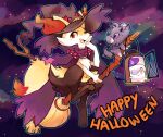  1girl :&lt; animal_ear_fluff animal_ears animal_feet animal_nose banette bead_necklace beads black_fur blue_outline blush body_fur braixen broom broom_riding cape closed_mouth clothed_pokemon colored_sclera commentary ears_through_headwear english_commentary english_text espurr feet fire fox_ears fox_girl fox_tail fur_collar furry furry_female gengar halloween hand_to_own_mouth hand_up happy happy_halloween hat highres holding holding_broom jewelry lantern light_blush litwick looking_at_another looking_at_viewer looking_back mismagius multicolored_fur necklace objectification one_eye_closed open_mouth outline pokemon pokemon_(creature) purple_background purple_cape purple_eyes purple_fire purple_headwear purple_sclera red_eyes smile snout solo_focus stick suikuzu sweat tail white_fur witch_hat yellow_eyes yellow_fur 