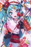  1girl 2023 aqua_eyes aqua_hair black_gloves flower gloves hair_flower hair_ornament hair_ribbon hat hatsune_miku highres japanese_clothes kimono long_hair long_sleeves looking_at_viewer open_mouth red_ribbon ribbon siuroi solo teeth upper_teeth_only vocaloid 