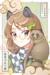  1girl :3 absurdres animal_background animal_ear_fluff animal_ears animal_on_shoulder black_scarf border brown_eyes brown_hair checkered_clothes checkered_scarf closed_mouth cloud cloud_background commentary dated futatsuiwa_mamizou glasses green_background green_pupils green_shirt hair_ornament highres kiri_(maoxianjiu) leaf_hair_ornament long_hair looking_at_viewer pince-nez raccoon_ears raccoon_girl scarf shirt smile split_mouth swept_bangs tanuki touhou translation_request upper_body white_border white_scarf yellow-framed_eyewear 