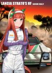  1girl absurdres alitalia alternate_costume animal_ears blunt_bangs car commentary_request cowboy_shot ear_covers green_eyes hairband highres horse_ears horse_girl jumpsuit lancia_(brand) lancia_stratos long_hair long_sleeves looking_at_viewer motor_vehicle orange_hair pirelli purple_eyes race_vehicle racecar racing_suit rally_car silence_suzuka_(umamusume) smile solo sparco threepitz umamusume white_hairband world_rally_championship 