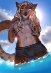  absurd_res anthro areola biped blonde_hair braided_hair brown_body brown_eyes brown_fur canid canine cheek_tuft clothed clothing cloud countershade_face countershade_fur countershade_torso countershading digital_media_(artwork) ear_piercing facial_tuft fur hair hi_res long_hair male mammal navel nipples novery outside partially_submerged piercing pink_areola pink_nipples shaded sky solo sun swimming_trunks swimwear tail topless tuft water wet wet_body wet_clothing wet_fur white_body white_fur 