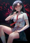  1girl absurdres bangs black_hair blood blood_on_clothes blood_on_face blood_on_hands blood_splatter blush collared_shirt finger_to_mouth glowing glowing_eyes hand_on_own_thigh highres index_finger_raised long_hair looking_at_viewer minazuki_satsuki necktie notinversion parted_bangs parted_lips pleated_skirt red_eyes school_uniform shirt shirt_tucked_in short_sleeves shushing sitting skirt socks solo usotsuki_satsuki_wa_shi_ga_mieru very_long_hair 