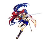  1girl alear_(female)_(fire_emblem) alear_(fire_emblem) amagai_tarou armor bangs blue_eyes blue_hair braid breasts cape crossed_bangs crown_braid fire_emblem fire_emblem_engage heterochromia holding holding_sword holding_weapon liberation_(fire_emblem) long_hair looking_at_viewer medium_breasts multicolored_hair official_art red_eyes red_hair smile solo split-color_hair sword thigh_strap thighhighs thighs tiara two-tone_hair very_long_hair weapon 
