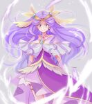  1girl blue_eyes bracelet brooch cowboy_shot cure_earth dress earrings elbow_gloves frills fuurin_asumi gloves grey_background head_wings healin&#039;_good_precure jewelry long_hair looking_at_viewer magical_girl mitumi_mira precure purple_dress purple_hair short_sleeves solo tiara wavy_hair white_gloves wind 