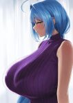  1girl absurdres ahoge blue_eyes blue_hair blush breasts commission deka_(deka_4242) embarrassed from_side hair_behind_ear half-closed_eyes highres huge_breasts long_hair looking_at_viewer low_ponytail mole mole_under_mouth original purple_sweater ribbed_sweater skeb_commission sleeveless sleeveless_sweater solo sweater variant_set very_long_hair 