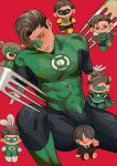  1boy bara black_bodysuit black_hair bodysuit dc_comics domino_mask doufujintianxianle gloves green_bodysuit green_lantern green_lantern_(series) hal_jordan highres large_pectorals male_focus mask muscular muscular_male pectorals red_background short_hair simple_background sitting solo stuffed_toy sweat torn_mask two-tone_bodysuit white_gloves 