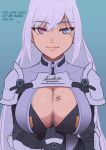  1girl armor artist_name bangs black_gloves black_shirt blue_background blue_eyes breast_tattoo breasts cleavage closed_mouth clothes_pull commentary covered_collarbone doktor_malefic english_commentary english_text ethel_(xenoblade) gloves gradient_background gumroad_username happy heart heart_in_eye highres large_breasts long_hair long_sleeves pulled_by_self purple_hair red_pupils shiny_skin shirt shirt_pull shoulder_armor sidelocks signature simple_background smile solo split_mouth standing straight-on symbol_in_eye talking tattoo twitter_username upper_body vambraces watermark web_address xenoblade_chronicles_(series) xenoblade_chronicles_3 