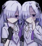  2girls asymmetrical_sleeves black_background black_gloves blue_eyes cevio clone closed_mouth commentary_request empty_eyes gloves hair_ornament hair_over_one_eye hand_to_own_mouth hand_up jacket kamitsubaki_studio long_hair looking_at_viewer multicolored_hair multiple_girls purple_hair sekai_(cevio) simple_background teckinder two-tone_hair upper_body voicepeak white_hair white_jacket 