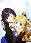  2girls :d absurdres anime_coloring black_cardigan black_hair blazer blonde_hair blue_bow blue_bowtie blue_eyes blue_necktie blue_skirt bow bowtie cardigan chitose-kun_wa_ramune_bin_no_naka clenched_teeth collared_shirt copyright_name copyright_notice hair_intakes highres hiiragi_yuuko jacket kinoshita_sumie long_hair long_sleeves looking_at_viewer magazine_scan medium_hair multiple_girls nanase_yuzuki necktie newtype official_art plaid_clothes plaid_skirt pleated_skirt scan school_uniform shirt skirt smile standing teeth third-party_source upper_body v wing_collar 