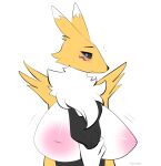  anthro areola bandai_namco big_breasts blue_eyes breasts clothed clothing digimon digimon_(species) disembodied_hand duo female fiamourr hi_res looking_at_viewer renamon simple_background white_background yellow_body 