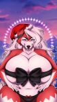  9:16 anthro big_breasts bow_ribbon breasts canid canine christmas christmas_clothing christmas_headwear claws clothing curvy_figure female floppy_ears fur generation_7_pokemon hair hand_on_hip hat headgear headwear hi_res holidays huge_breasts lingerie lycanroc mammal midnight_lycanroc mostly_nude mountain nintendo overweight overweight_anthro overweight_female panties pokemon pokemon_(species) red_body red_fur santa_hat solo sunset thick_thighs underwear unluckyoni voluptuous white_body white_fur white_hair wide_hips 