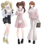  3girls alternate_costume bag black_bag black_shoes black_skirt blonde_hair blue_eyes blush brown_bag brown_eyes brown_hair coat commentary_request dessert earrings flipped_hair food full_body fur-trimmed_coat fur-trimmed_jacket fur_trim grin handbag highres holding holding_bag holding_food in-franchise_crossover jacket jewelry konchi_(63438789) kujikawa_rise long_hair long_sleeves looking_at_viewer multiple_girls necklace open_mouth pants parted_lips persona persona_3 persona_4 persona_5 pink_bag pink_coat pink_jacket pom_pom_(clothes) pom_pom_earrings shoes short_hair shoulder_bag skirt smile socks standing stud_earrings sweater swept_bangs takamaki_anne takeba_yukari trait_connection turtleneck turtleneck_sweater twintails white_background white_pants white_socks white_sweater winter winter_clothes winter_coat 