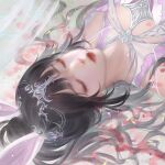  1girl aclassical animal_ears black_hair closed_eyes closed_mouth curtains douluo_dalu dress dust hair_ornament highres lying on_back petals pink_dress ponytail rabbit_ears second-party_source sleeping solo upside-down xiao_wu_(douluo_dalu) 