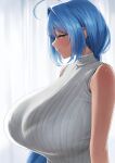  1girl absurdres ahoge blue_eyes blue_hair blush breasts commission deka_(deka_4242) embarrassed from_side grey_sweater hair_behind_ear half-closed_eyes highres huge_breasts long_hair looking_at_viewer low_ponytail mole mole_under_mouth original ribbed_sweater skeb_commission sleeveless sleeveless_sweater solo sweater variant_set very_long_hair 