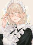  1girl adjusting_eyewear alt_text alternate_costume apron black_dress blonde_hair blush brown_background closed_mouth collared_dress colored_eyelashes commentary dress dungeon_meshi facing_viewer falin_touden falin_touden_(tallman) floral_background flower frilled_apron frills glasses hand_on_eyewear hand_up highres juliet_sleeves long_sleeves looking_to_the_side maid maid_apron maid_headdress neck_ribbon puffy_sleeves ribbon round_eyewear sasakura34 short_hair smile solo tulip upper_body white_apron white_flower white_ribbon yellow_eyes 