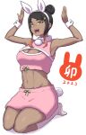  1girl 2023 :d absurdres animal_ears arms_up bangs black_hair brown_eyes bunny_pose chinese_zodiac cleavage_cutout clothing_cutout commentary cropped_shirt dark-skinned_female dark_skin fake_animal_ears fake_tail full_body fur_collar hair_bun hair_ornament half-closed_eyes highres kneeling looking_at_viewer midriff miniskirt monocle multicolored_hair new_year original pencil_skirt pink_hair pink_shirt pink_skirt rabbit_ears rabbit_hair_ornament rabbit_tail shirt short_hair sidelocks simple_background skirt sleeveless sleeveless_shirt smile socks solo swept_bangs tail translated two-tone_hair white_background white_socks wrist_cuffs year_of_the_rabbit yougata 