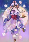  1girl 2023 animal_ears apron bangs black_eyes black_footwear black_hair blue_kimono cherry chinese_zodiac commentary crescent cup double_bun drinking_glass food frilled_apron frilled_sleeves frills fruit full_body full_moon fur_scarf furisode hair_bun highres holding holding_tray jamu_(yakinikuoi4) japanese_clothes kimono leg_up long_hair long_sleeves looking_at_viewer moon moon_print new_year night night_sky obi open_mouth original print_kimono rabbit rabbit_ears sandals sash sky smile socks solo standing standing_on_one_leg star_(sky) starry_sky tabi tray white_apron white_mittens white_socks wide_sleeves wine_glass year_of_the_rabbit 
