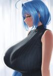  1girl absurdres ahoge black_sweater blue_eyes blue_hair blush breasts commission deka_(deka_4242) embarrassed from_side hair_behind_ear half-closed_eyes highres huge_breasts long_hair looking_at_viewer low_ponytail mole mole_under_mouth original ribbed_sweater skeb_commission sleeveless sleeveless_sweater solo sweater variant_set very_long_hair 