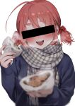 1girl :3 absurdres ahoge aruko_okara bangs baozi bar_censor blue_cardigan blurry blush bow breath cardigan censored depth_of_field food grey_scarf hair_between_eyes hair_bow head_tilt highres holding holding_food identity_censor incoming_food indie_virtual_youtuber low_twintails open_mouth pink_hair plaid plaid_scarf pov red_bow scarf short_eyebrows short_hair short_twintails simple_background sleeves_past_wrists smile solo steam swept_bangs thick_eyebrows tokumei_radio twintails white_background yashiro_(nsaf2544) 