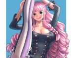  blue_background border braid breasts buttons cleavage curly_hair frilled_sleeves frills leg_up licking_lips long_hair one_piece perona pink_hair simple_background striped striped_thighhighs thighhighs tongue tongue_out watch watermark white_border wristwatch youkan_(tako) 