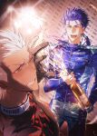  2boys alcohol archer_(fate) armor blue_hair blue_jacket blue_pants blurry blurry_background bottle brown_eyes champagne character_name closed_eyes clothes_writing cowboy_shot cu_chulainn_(fate) cu_chulainn_(fate/stay_night) cu_chulainn_(lancer)_(fate) dark-skinned_male dark_skin earclip earrings fate/stay_night fate_(series) grey_pupils hair_ornament hands_up happy highres holding holding_bottle indoors jacket jewelry long_hair long_sleeves looking_at_another low_ponytail male_focus multiple_boys one_eye_closed open_mouth pants ponytail racing_suit red_carpet red_jacket short_hair shoulder_armor smile span_(shibanyu63868) spiked_hair standing teeth tongue v-shaped_eyebrows white_hair zipper 