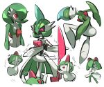  arm_blade black_sclera colored_sclera colored_skin dancing evolutionary_line gallade gardevoir green_hair green_skin iron_valiant joints kirlia multicolored_skin pokemon pokemon_(creature) ralts red_eyes robot_joints short_hair smile tirarizun two-tone_skin upper_body weapon white_skin 