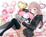  1girl balloon bangs black_jacket black_shirt black_thighhighs blush bow breasts brown_skirt candy commentary_request cosplay danganronpa_(series) danganronpa_2:_goodbye_despair dress_shirt ear_bow flipped_hair food frilled_pillow frills from_side frown galaga gift gorila_chan hair_ornament handheld_game_console heart holding holding_handheld_game_console hood hood_down jacket large_breasts medium_hair monomi_(danganronpa) my_melody nanami_chiaki nanami_chiaki_(cosplay) onegai_my_melody open_clothes open_jacket phone pillow pink_bow pink_eyes pleated_skirt shirt skirt thighhighs white_shirt 