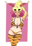  +_+ 1girl animal_print antennae arms_behind_back arthropod_girl bare_shoulders blonde_hair breasts closed_mouth commentary dark-skinned_female dark_skin elbow_gloves english_commentary eyelashes gloves highres ichigo_lemonade indie_virtual_youtuber long_hair looking_at_viewer mismatched_eyebrows moth_girl multicolored_hair one-piece_tan orange_gloves orange_panties orange_thighhighs panties pink_eyes pink_hair ponytail print_gloves print_panties print_thighhighs rin.exe simple_background smile solo split_mouth tan tanlines thick_eyebrows thighhighs tiger_print two-tone_hair underwear virtual_youtuber 
