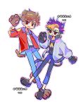  2boys animal_ears animal_hands black_shirt blonde_hair blue_hair blue_pants brothers brown_hair commentary digimon digimon_beatbreak dog_boy dog_ears dog_tail full_body glasses gloves highres jacket mar22826683 multicolored_hair multiple_boys pants paw_gloves purple_eyes red_jacket round_eyewear shirt siblings simple_background symbol-only_commentary tail tenma_asuka tenma_tomoro two-tone_hair white_background white_jacket white_shirt 
