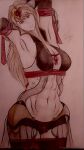  1girl abs blonde_hair bow breasts closed_mouth colored_pencil green_eyes hand_up huge_breasts long_hair looking_at_viewer muscular muscular_female non-web_source original pencil solo tall_female traditional_media upper_body white_background 