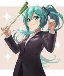  1girl :3 aqua_eyes aqua_hair bangs black_jacket blush bow bowtie closed_mouth collared_shirt commentary_request food formal hands_up hatsune_miku highres holding holding_food holding_spring_onion holding_vegetable ishiyuki jacket long_hair long_sleeves looking_at_viewer revision shirt smile solo sparkle_background spring_onion suit twintails upper_body vegetable very_long_hair vocaloid white_bow white_bowtie white_shirt 