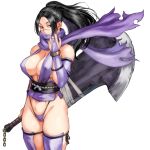  1girl black_hair breasts bridal_gauntlets cameltoe copyright_request covered_mouth cowboy_shot highleg highleg_panties holding holding_sword holding_weapon huge_weapon large_breasts looking_at_viewer ninja obi panties ponytail purple_panties purple_scarf purple_thighhighs red_eyes sash scarf shu-mai simple_background solo standing sword thighhighs underwear weapon white_background 