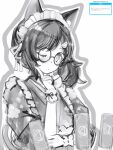  1girl animal_ears closed_mouth glasses greyscale highres hololive japanese_clothes kimono looking_at_viewer monochrome nanashi_(nlo) one_eye_closed ookami_mio round_eyewear side_ponytail sketch solo virtual_youtuber wolf_ears wolf_girl 