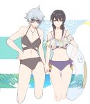  2girls absurdres bikini black_bikini black_hair breasts commentary_request cropped_legs expressionless frilled_bikini frills genderswap genderswap_(mtf) gintama grey_hair hand_on_own_hip highres hijikata_toushirou holding holding_hands holding_swim_ring jewelry linea_alba medium_breasts multiple_girls navel necklace noichi_(lemonsword9326) ponytail purple_bikini red_eyes sakata_gintoki short_hair sidelocks sunglasses swim_ring swimsuit yellow_eyes 